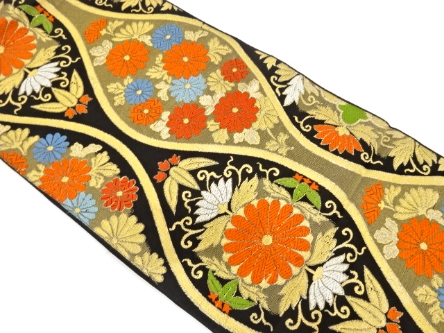 アンティーク　立涌に菊・笹模様織り出し袋帯（着用可）